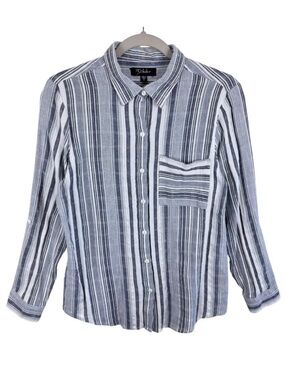 RD & Koko 100% Cotton Gray White Striped Roll Tab Sleeve Button Up Blouse Size M